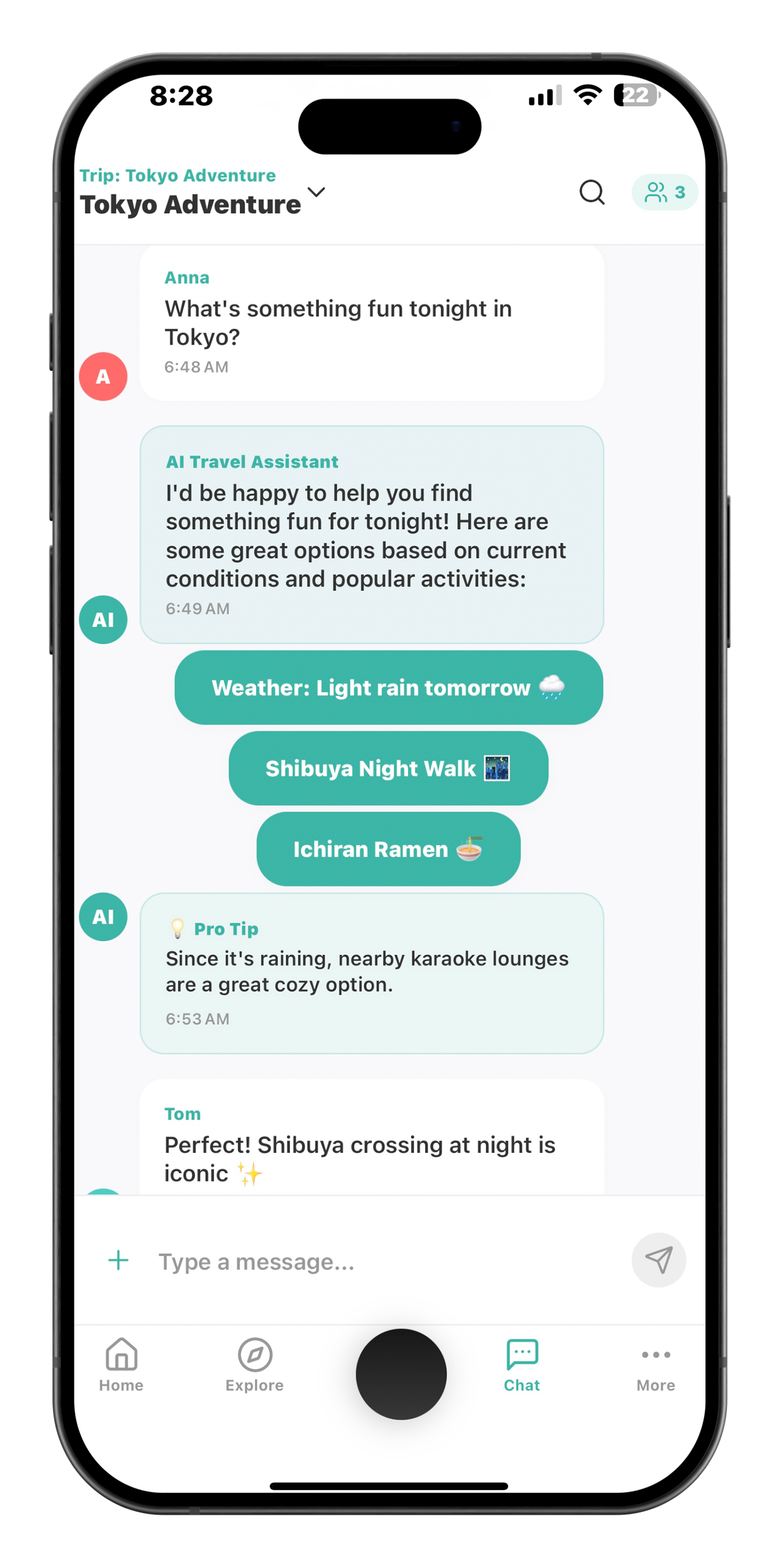 Tokyo Adventure evening plans: AI assistant suggesting Shibuya Night Walk and Ichiran Ramen with weather-based karaoke backup plan for rainy conditions